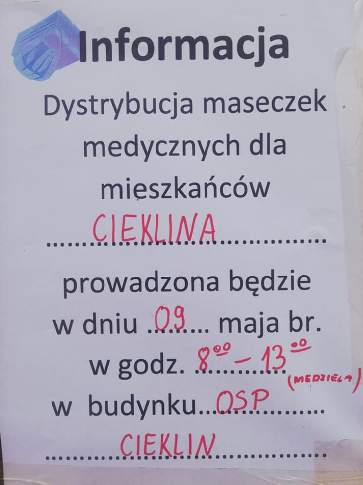 Dystrybucja maseczek medycznych dla mieszkańców Cieklina Dystrybucja maseczek medycznych dla mieszkańców Cieklina